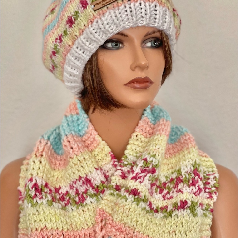 Hand Knits 2 Love Set Hat Beanie Scarf Neckwarmer Designer Faux Fur Pom Pom
